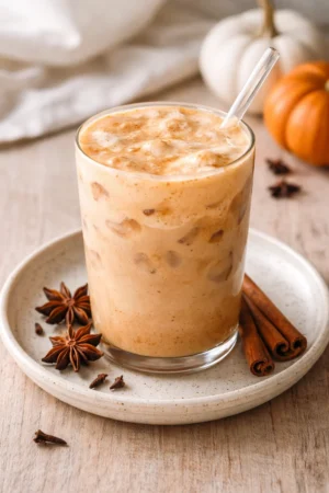 Homemade iced pumpkin cream chai tea latte in a glass with a sprinkle of cinnamon