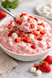 Bowl of Strawberry Fluff Jello Salad with strawberries and whipped cream