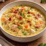 Bowl of delicious crack chicken noodle soup garnished with fresh herbs.