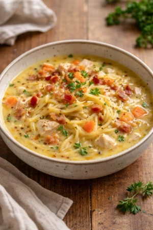 Bowl of delicious crack chicken noodle soup garnished with fresh herbs.