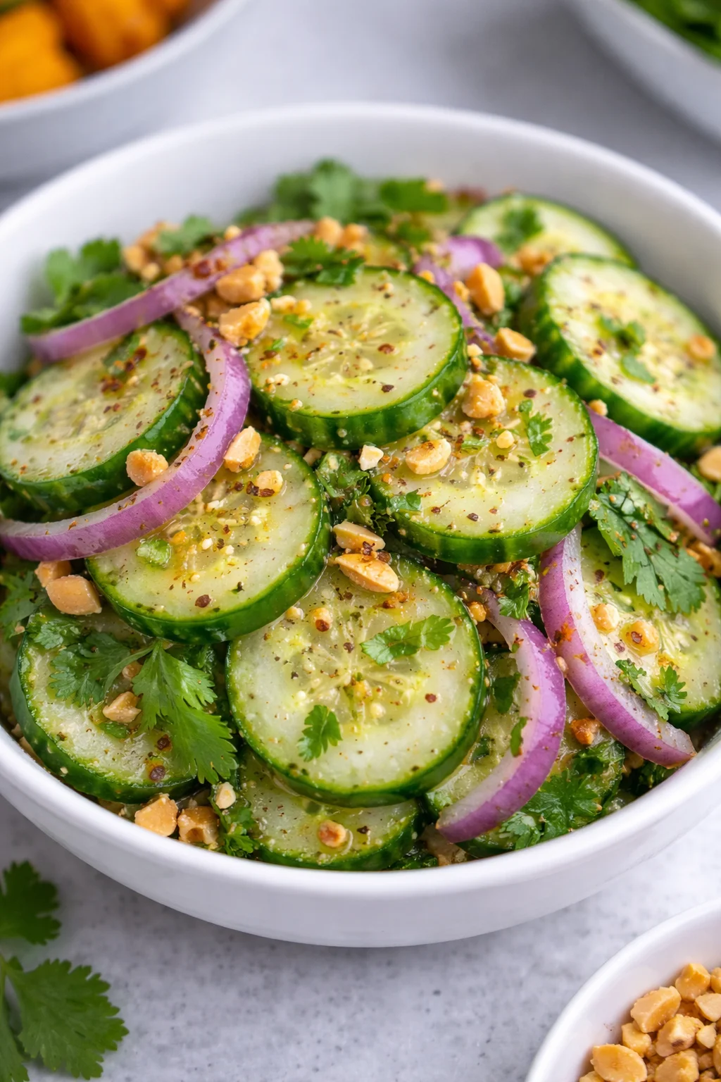 Fresh and colorful Thai Cucumber Salad with herbs and spices