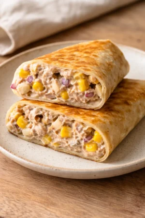 Delicious Tuna Melt Wrap filled with tuna and melted cheese wrapped in a tortilla