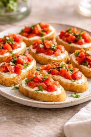 Whipped feta tomato crostini garnished with fresh herbs