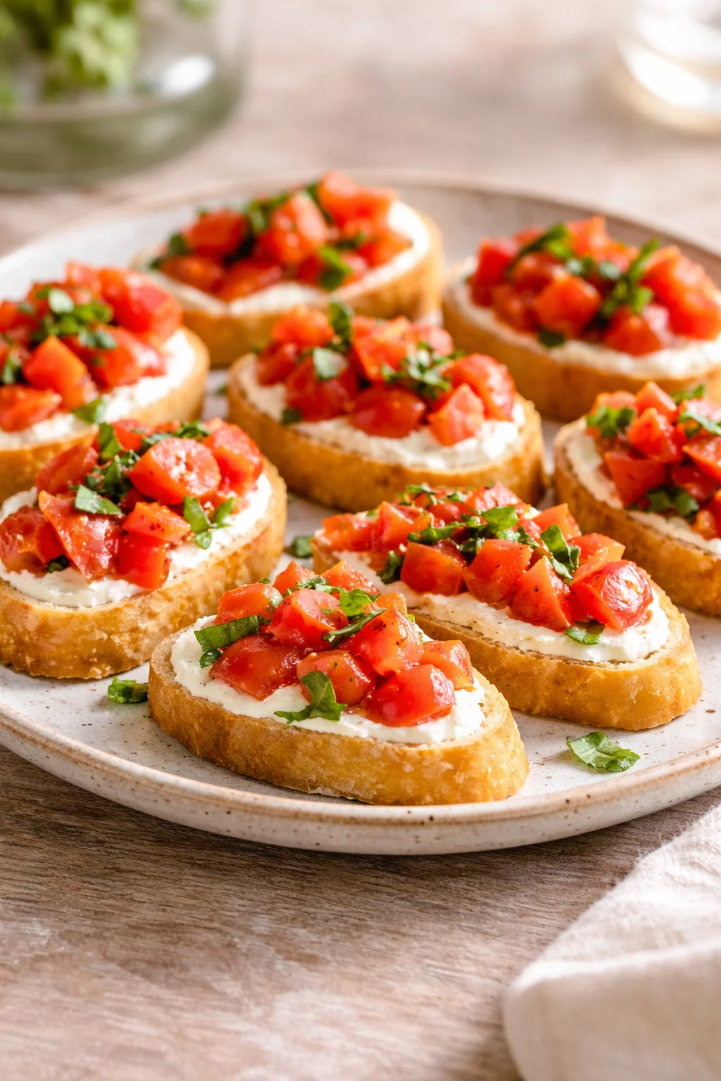 Whipped feta tomato crostini garnished with fresh herbs