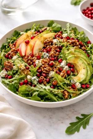 Winter Christmas salad with honey mustard dressing served in a bowl