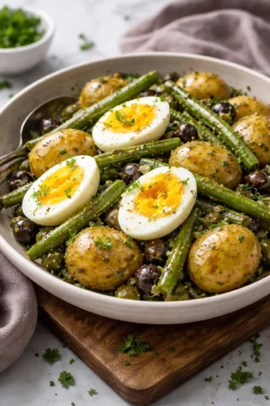 Zesty French-style potato salad with green beans in a bowl
