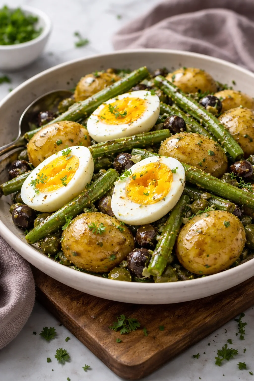 Zesty French-style potato salad with green beans in a bowl