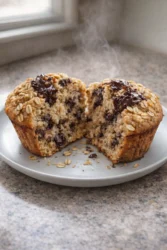 Freshly baked oatmeal chocolate chip muffins on a rustic table