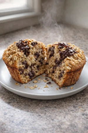 Freshly baked oatmeal chocolate chip muffins on a rustic table