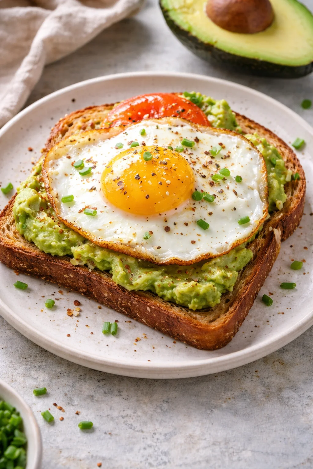 Delicious avocado-egg toast topped with fresh herbs and spices