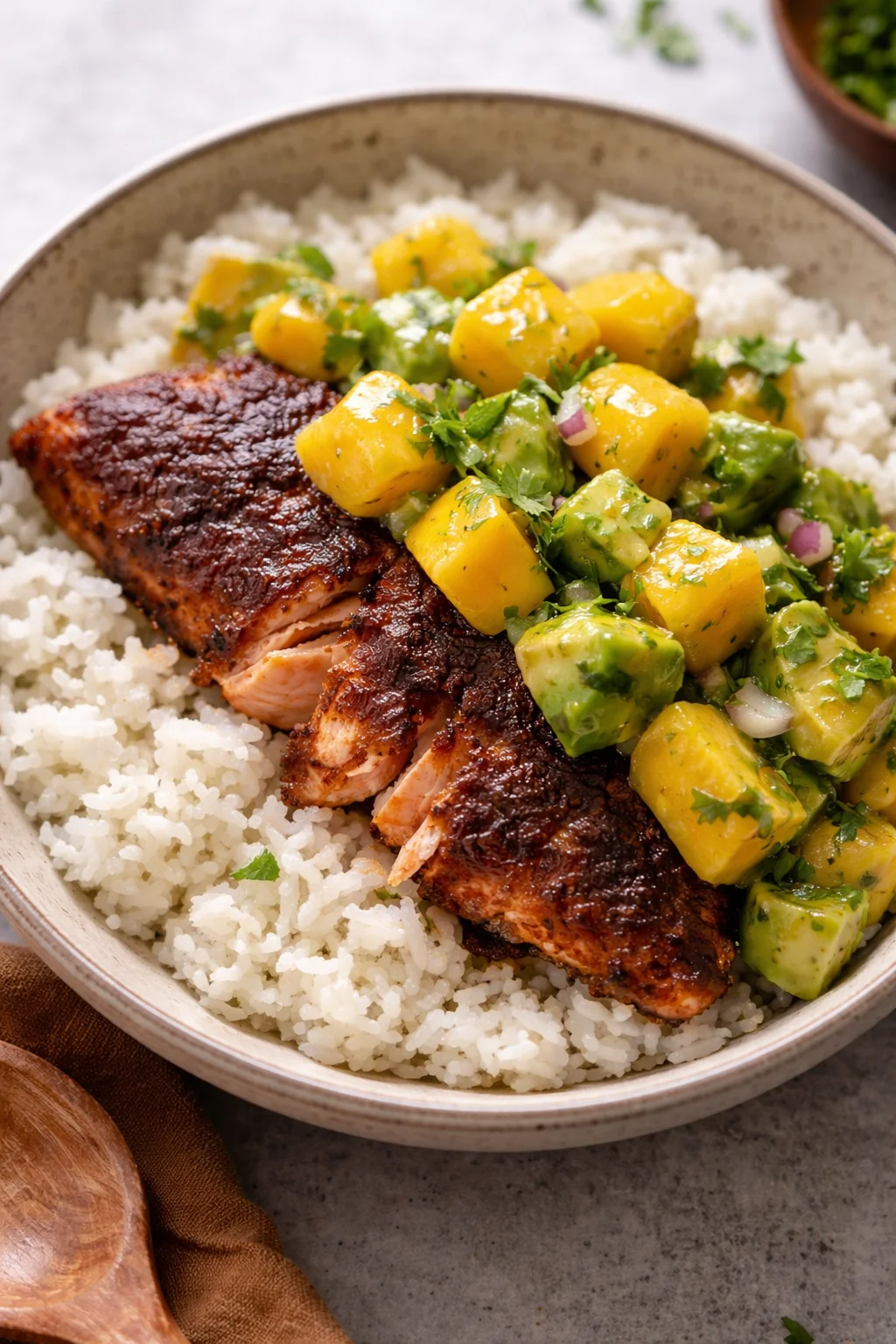 BBQ salmon bowls topped with mango avocado salsa on a rustic wooden table