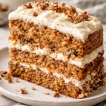 A deliciously moist carrot cake topped with cream cheese frosting.