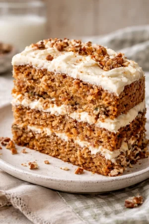 A deliciously moist carrot cake topped with cream cheese frosting.