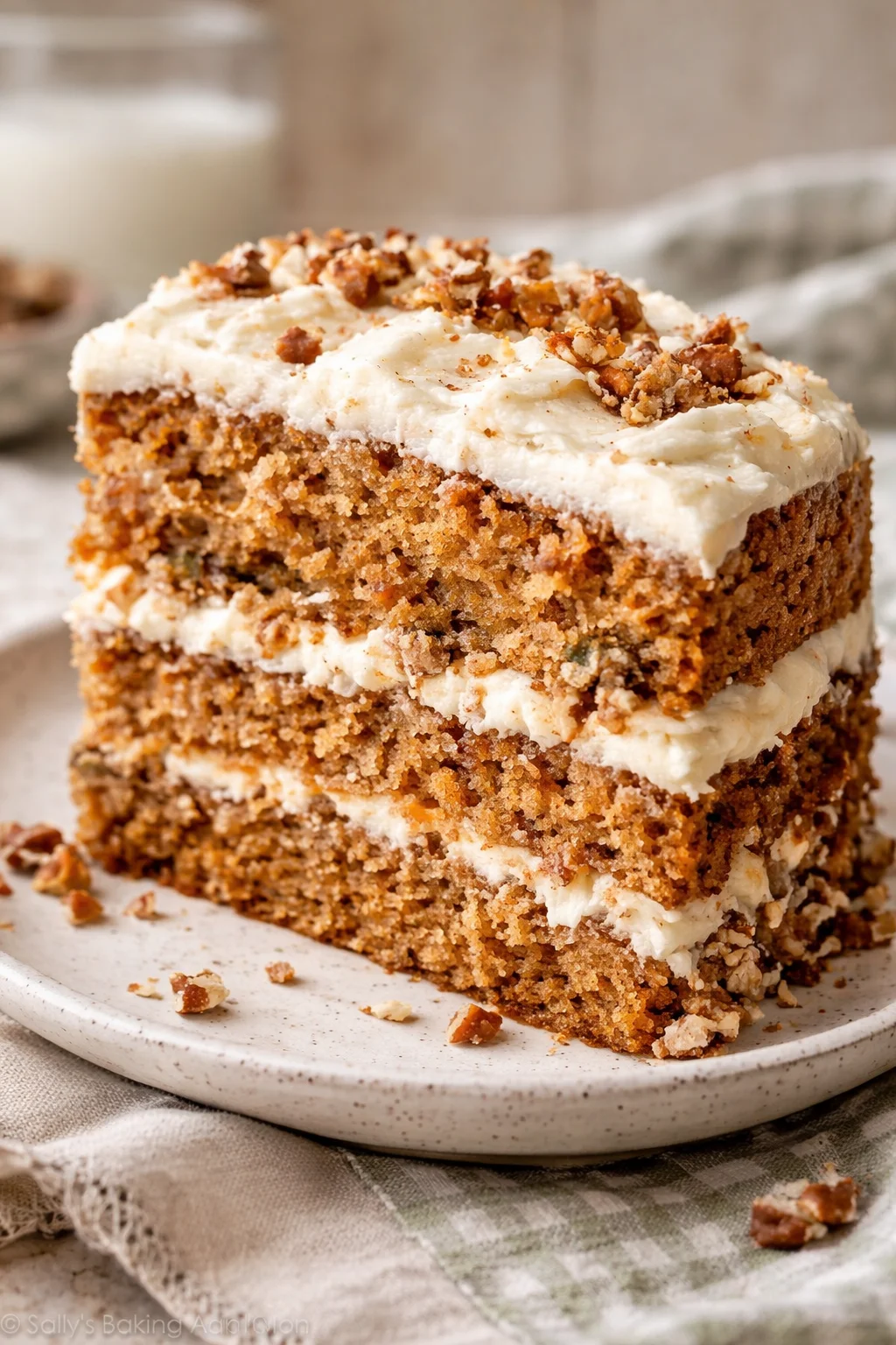 A deliciously moist carrot cake topped with cream cheese frosting.