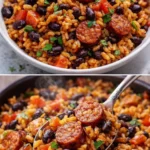 Delicious black beans and rice with sausage served in a bowl