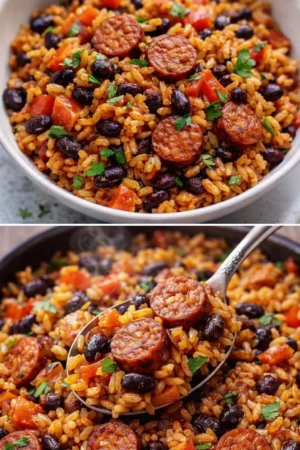Delicious black beans and rice with sausage served in a bowl