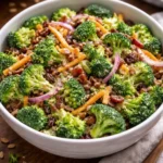 Fresh broccoli salad with colorful vegetables and dressing