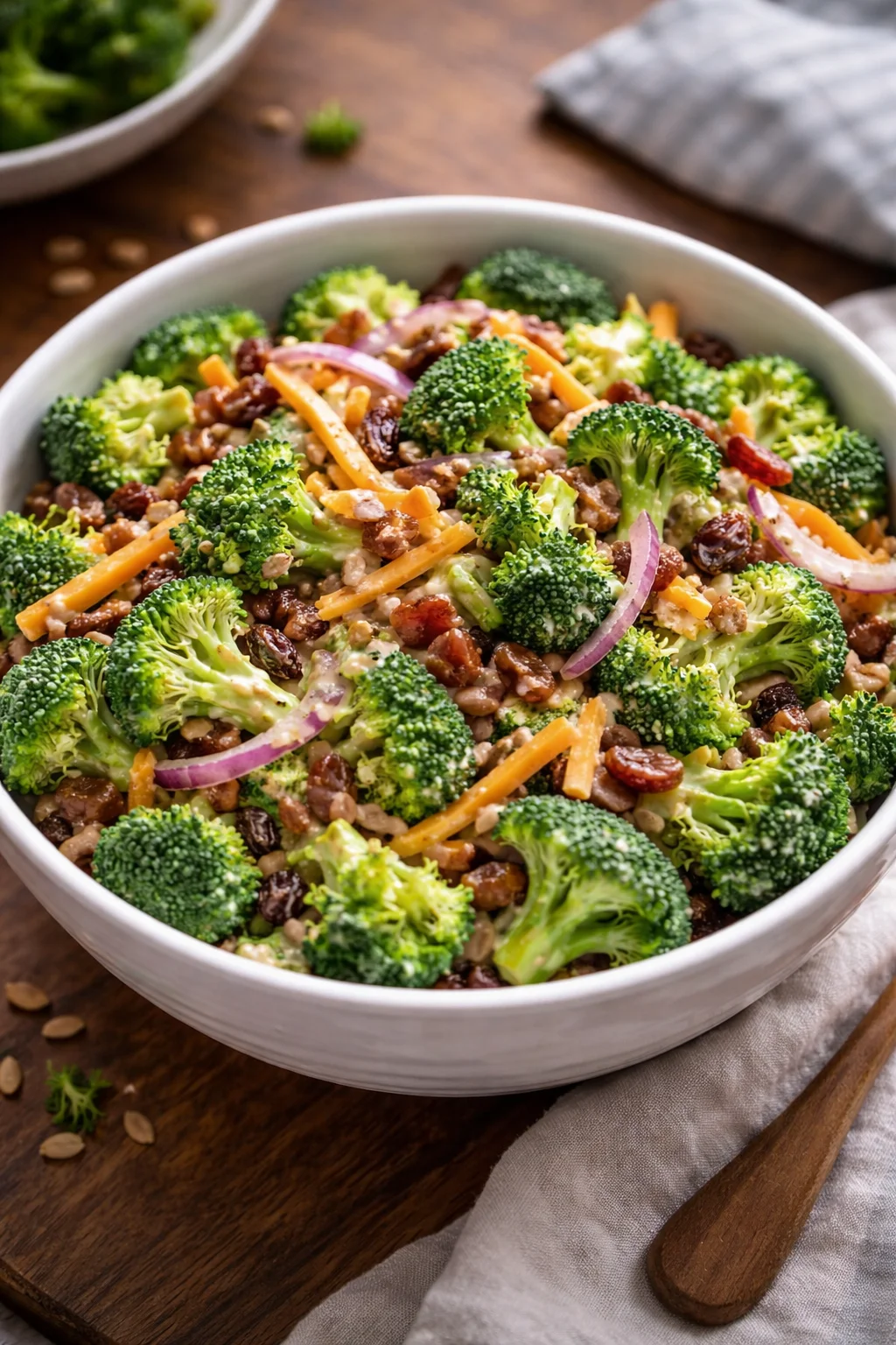 Fresh broccoli salad with colorful vegetables and dressing