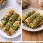 Plate of homemade cabbage dumplings served with a delicious sauce