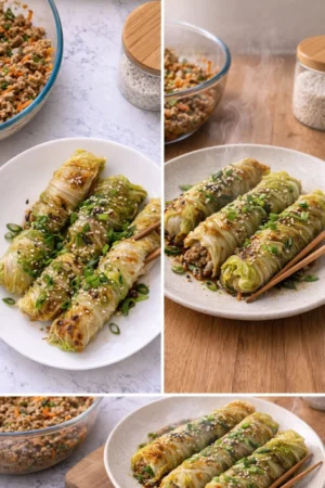 Plate of homemade cabbage dumplings served with a delicious sauce