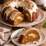 A freshly baked Carrot Bundt Cake topped with cream cheese frosting and walnuts