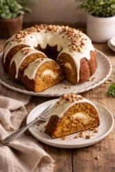 A freshly baked Carrot Bundt Cake topped with cream cheese frosting and walnuts
