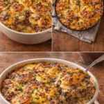 Cheesy hamburger potato casserole served in a baking dish with a crispy topping