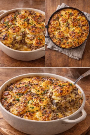 Cheesy hamburger potato casserole served in a baking dish with a crispy topping