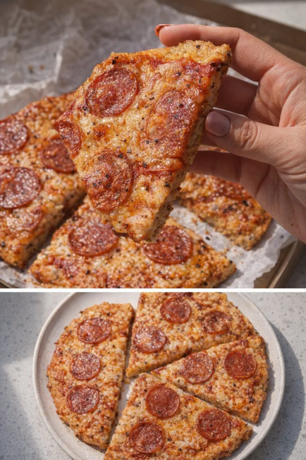 Delicious chicken crust pizza topped with fresh vegetables and cheese.