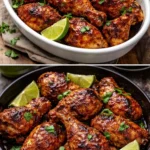 Delicious Chili Lime Chicken on a plate garnished with lime and herbs
