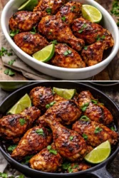 Delicious Chili Lime Chicken on a plate garnished with lime and herbs