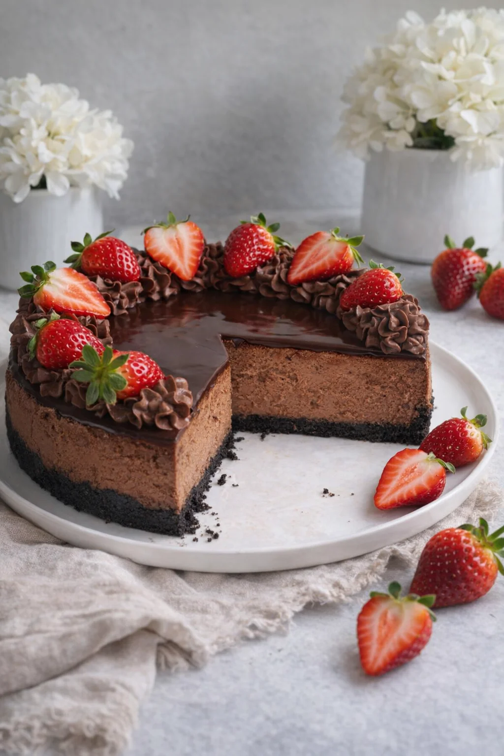 Decadent Chocolate Cheesecake with a smooth layer of Chocolate Ganache