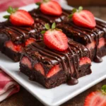 Decadent brownies topped with chocolate covered strawberries
