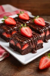 Decadent brownies topped with chocolate covered strawberries