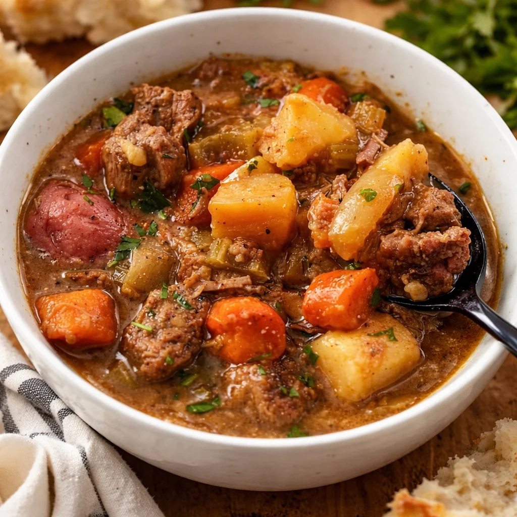 Hearty slow cooker beef stew with tender beef, potatoes, and vegetables.
