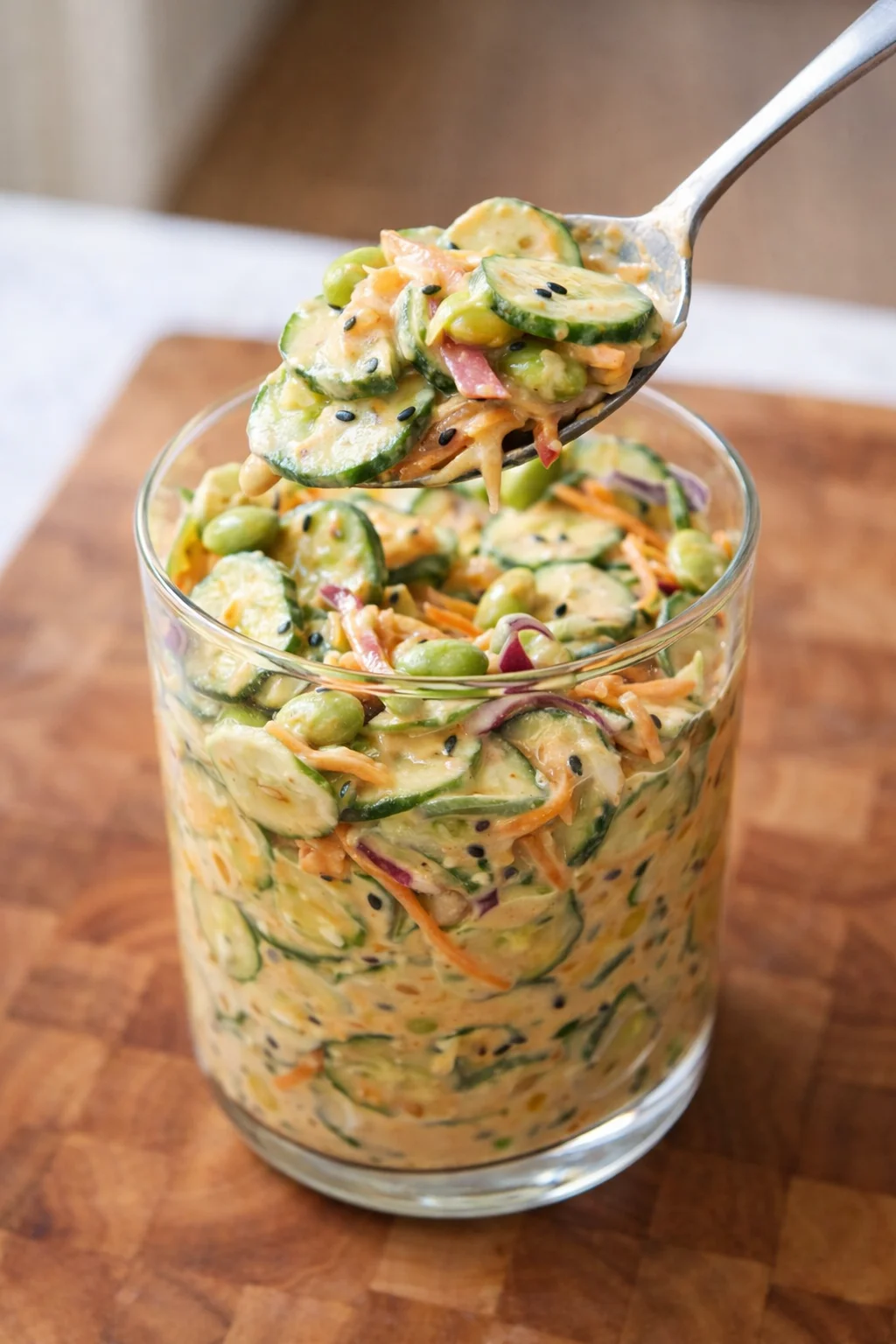 Creamy Asian cucumber salad with fresh ingredients and a rich dressing