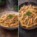 Delicious creamy beef pasta garnished with herbs in a bowl