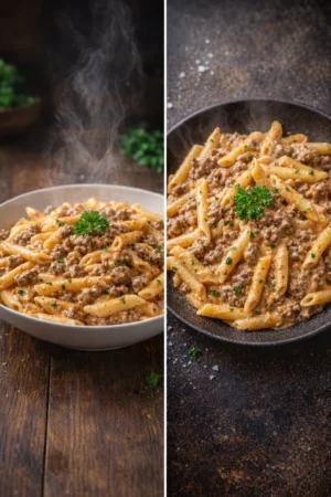 Delicious creamy beef pasta garnished with herbs in a bowl