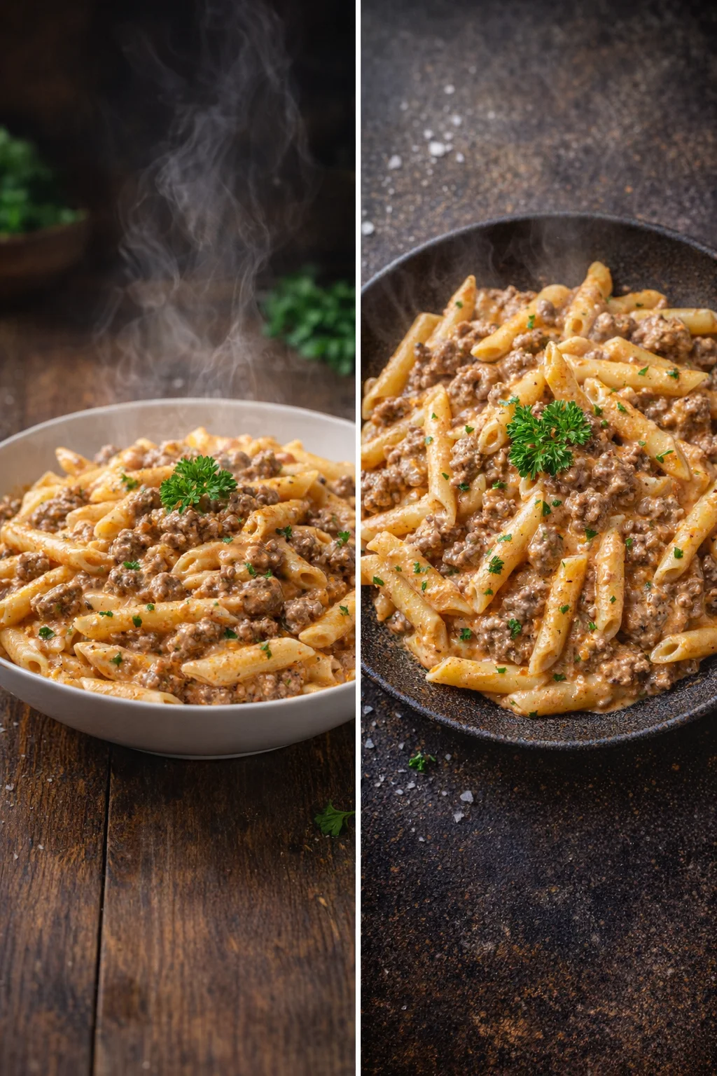 Delicious creamy beef pasta garnished with herbs in a bowl