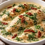 Creamy Crockpot Tuscan chicken garnished with herbs and served with pasta