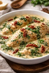 Creamy Crockpot Tuscan chicken garnished with herbs and served with pasta