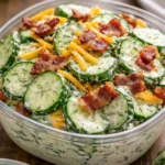 Creamy cucumber salad topped with crispy bacon and cheese on a serving plate.