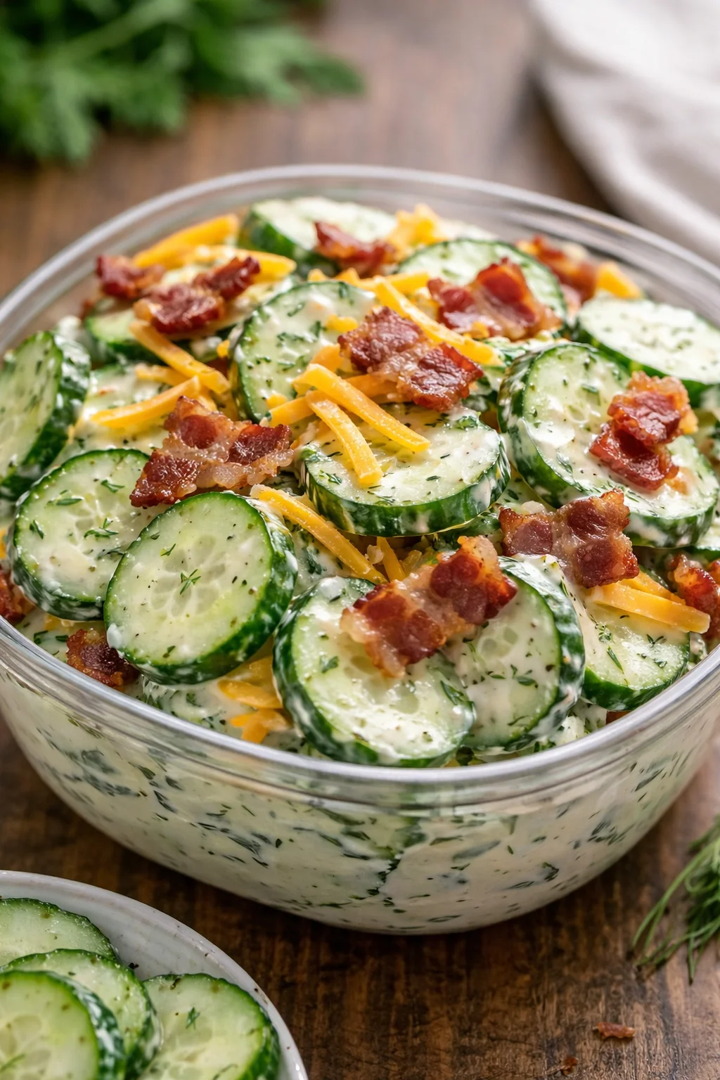 Creamy cucumber salad topped with crispy bacon and cheese on a serving plate.