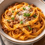 Plate of creamy Fettuccine Bolognese topped with fresh parsley and parmesan.