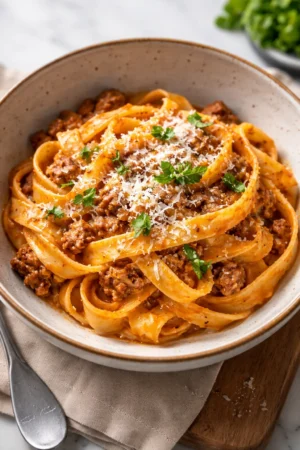 Plate of creamy Fettuccine Bolognese topped with fresh parsley and parmesan.