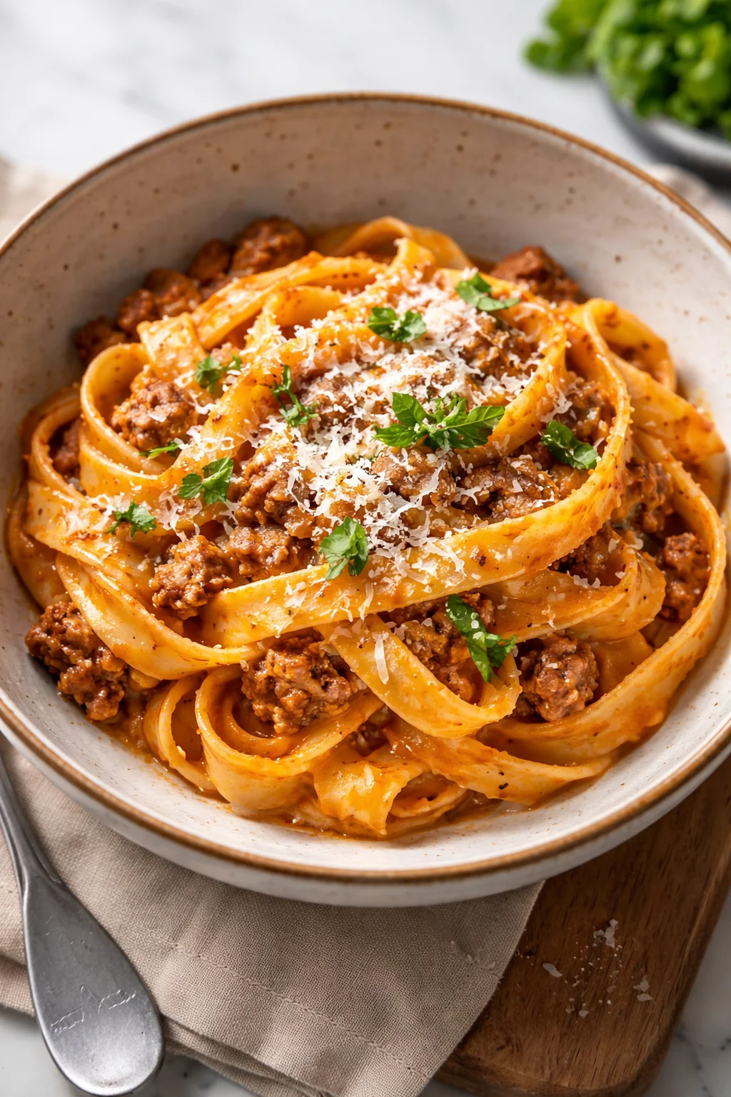 Plate of creamy Fettuccine Bolognese topped with fresh parsley and parmesan.