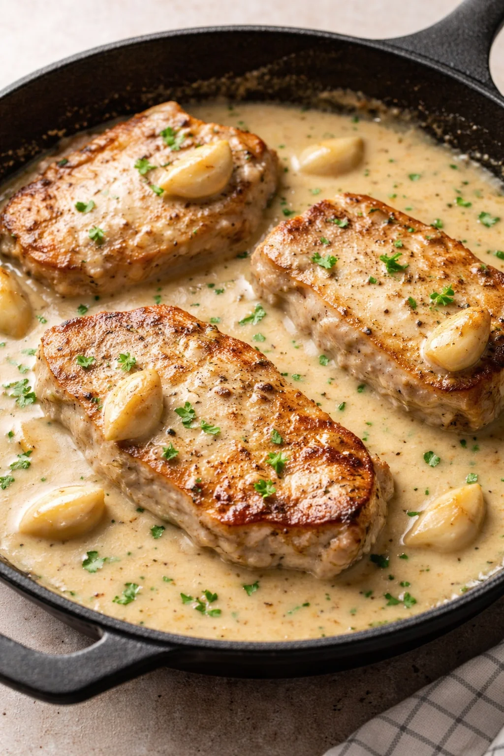Creamy garlic pork chops served with side vegetables