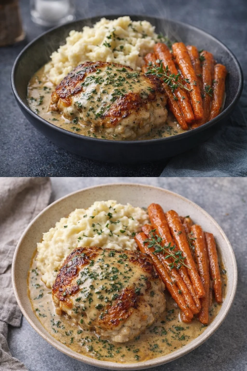 Creamy Herb Chicken served with Mashed Potatoes and Honey Glazed Carrots