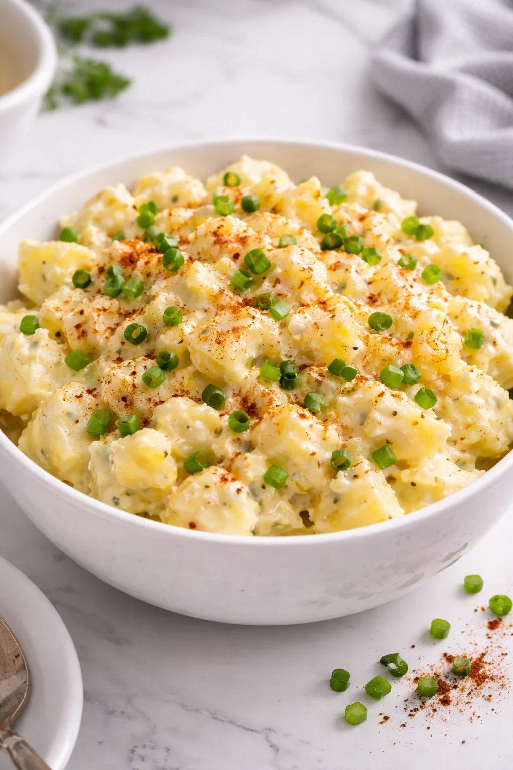 Creamy potato salad served in a bowl with fresh herbs
