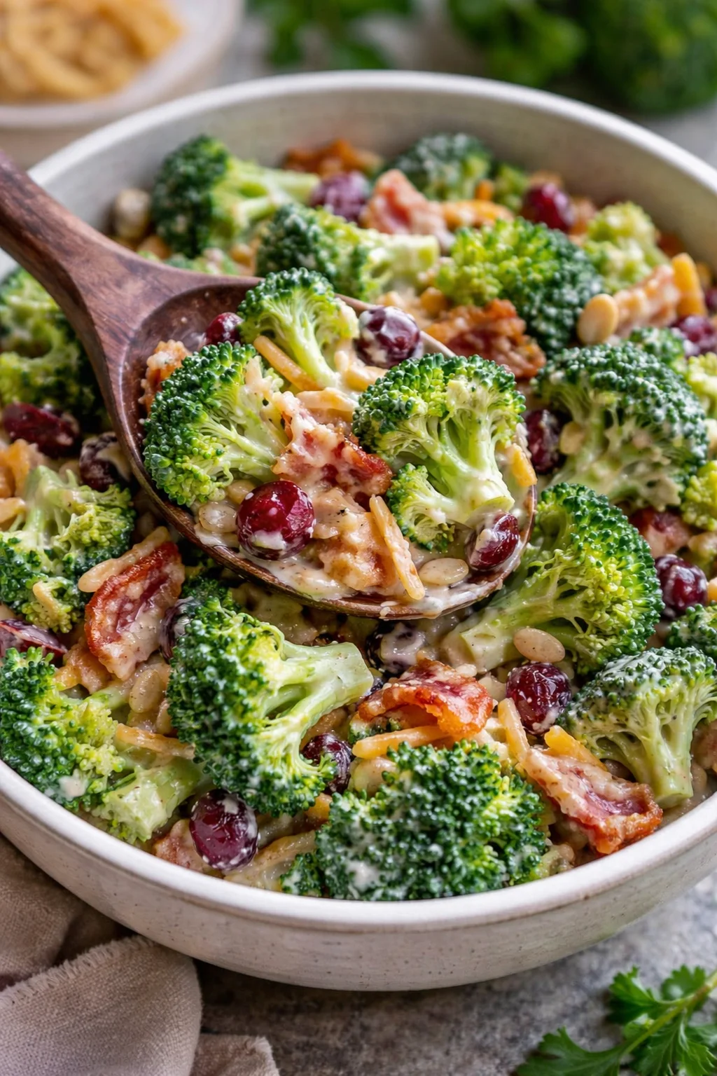Crunchy Broccoli Salad with Bacon, featuring fresh ingredients and a savory dressing